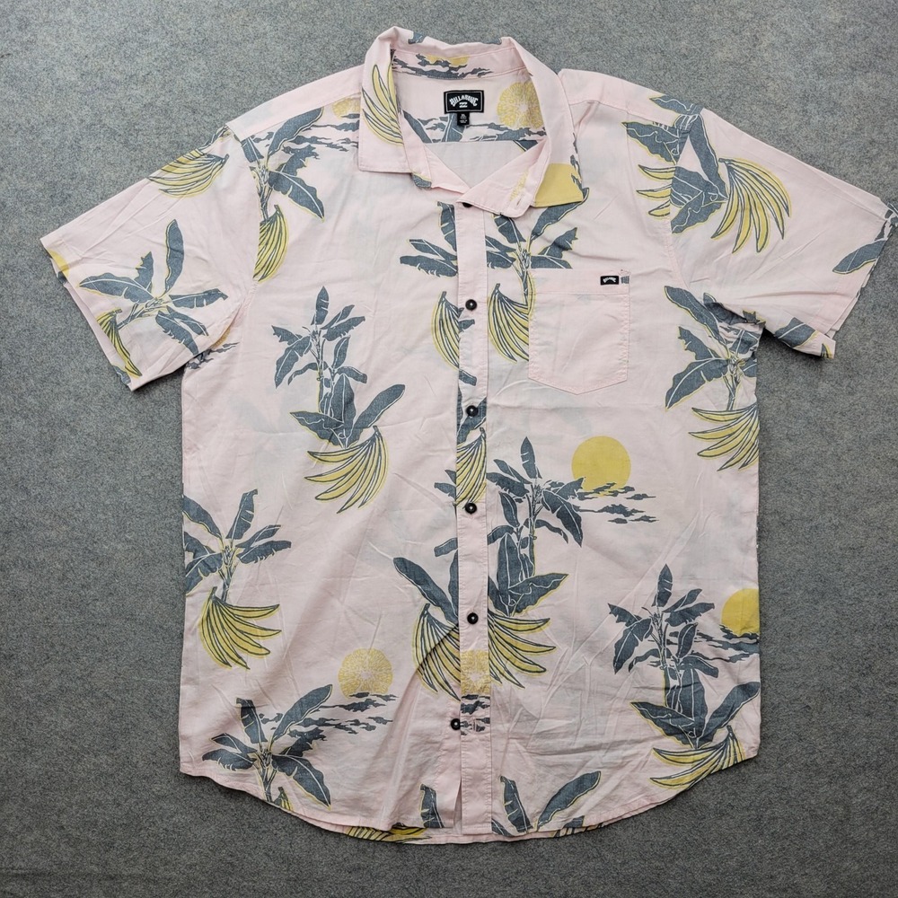 Billabong Shirt Mens XL Pink Banana Palm Hawaiian Button‎ Front Short Sleeve
